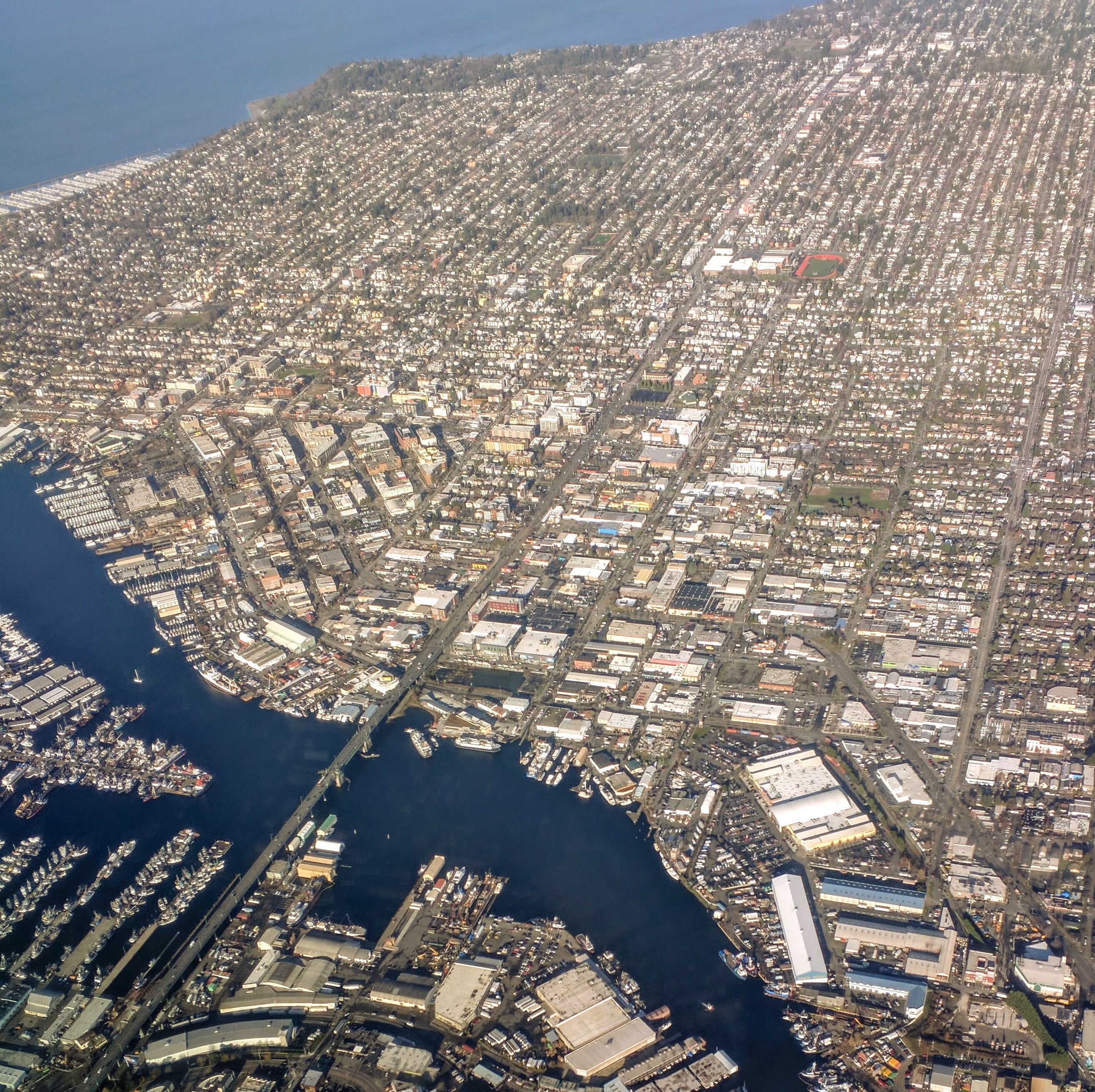 Aerial view of Ballard and the Lake Washington Ship Canal