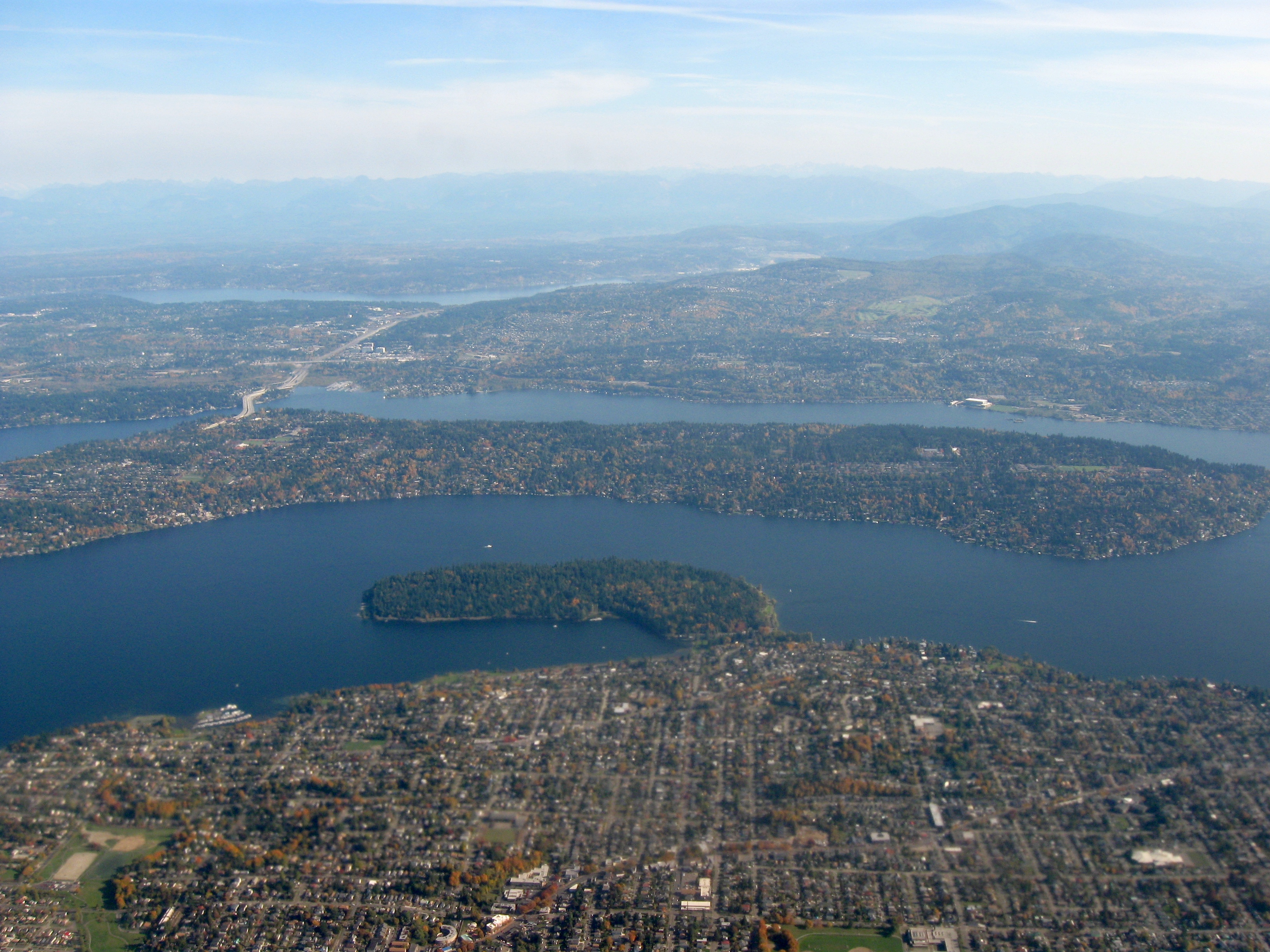 Aerial view of Seward Park and Mercer Island